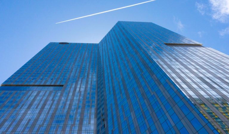 A view of Waldorf Astoria from the ground level looking up