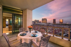 A spacious balcony overlooking the Strip