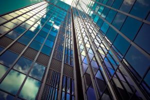 A glass walled high rise building